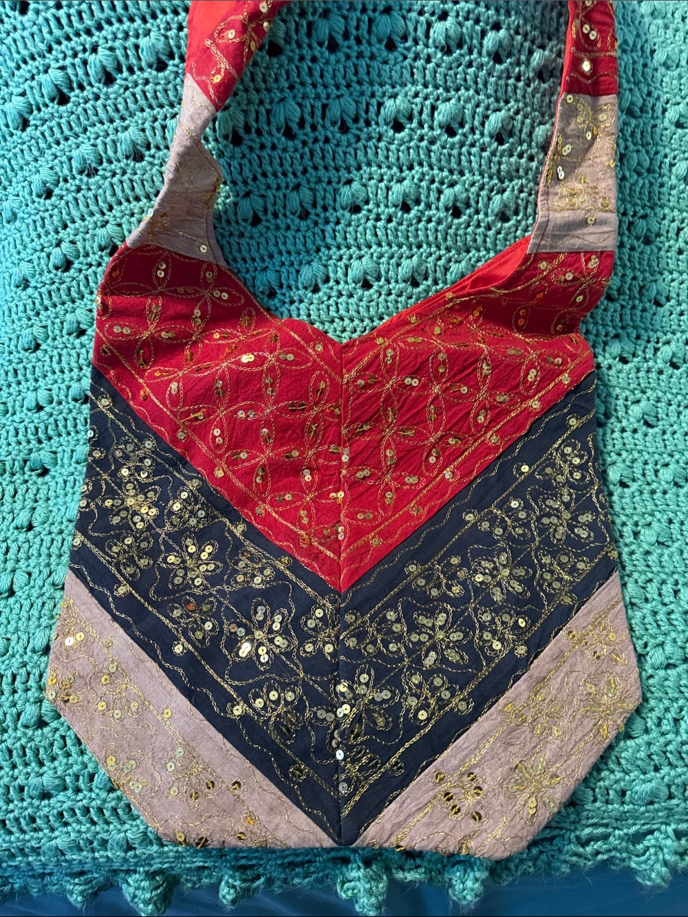 Women's Red & Navy Embroidered Boho Shoulder Bag